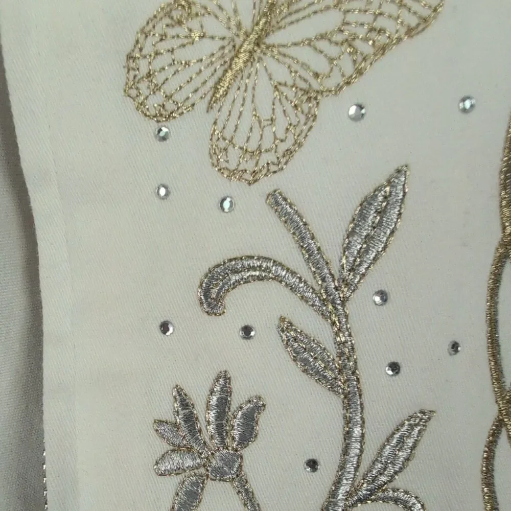 Embroidered Bead Denim Jacket XL White Gold Silver Butterfly Whimsy Boho Fairy